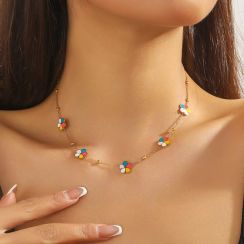 5 Pcs Fashionable Summer Cute Colorful Five Petal Flower Oil Drop Accessories Chain Necklace
