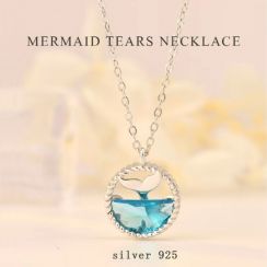 2 Pcs Summer Ocean Blue Tear 925 Sterling Silver Mermaid Tail Pendant Necklace