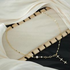 4 Pcs 14K Gold Plated Womens Copper Round Cross Pearl Chain Necklaces